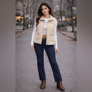 YOKI M Beige Sherpa Lined Suede Vest Faux Shearling Zip Up Sleeveless Jacket